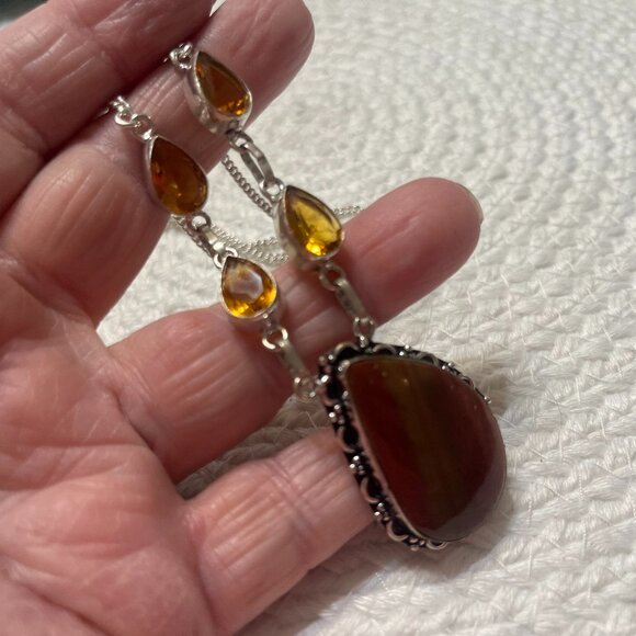 Gorgeous RED JASPER & CITRINE Handmade Sterling 925 Necklace Size 22" #748D - Picture 1 of 3